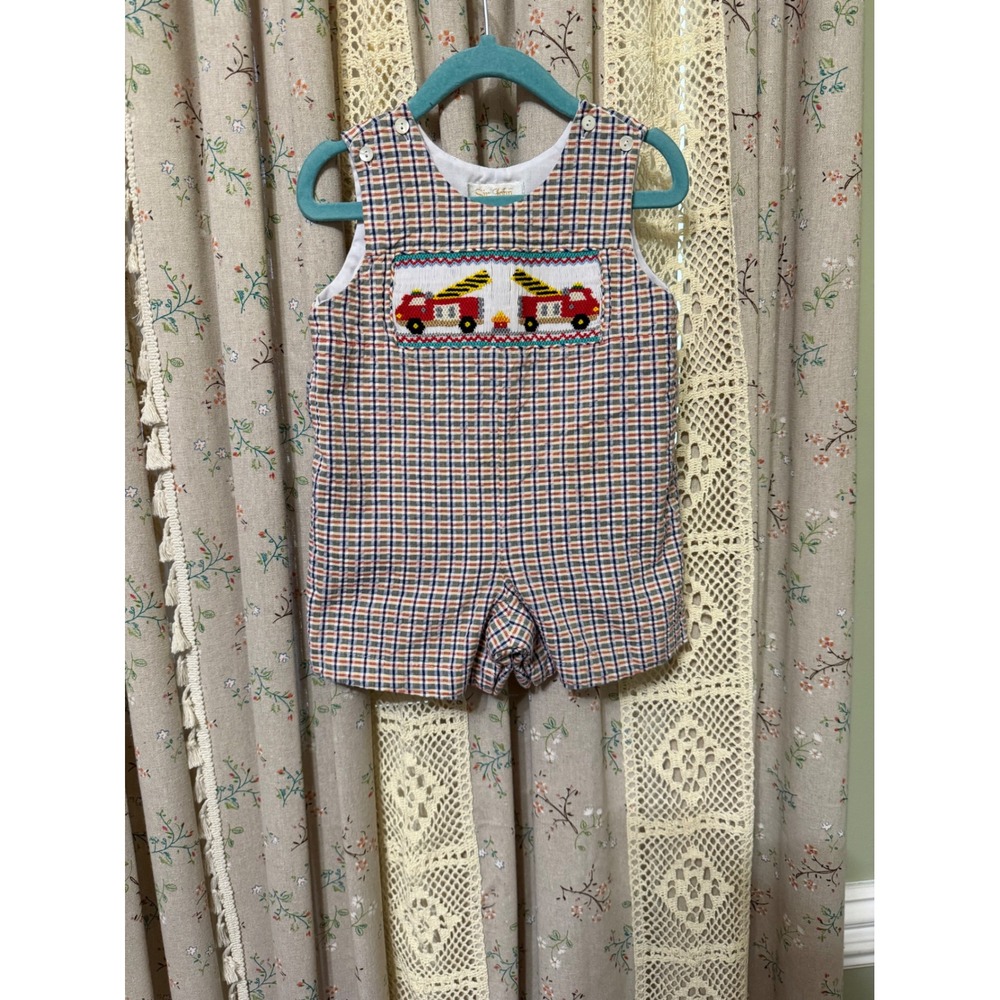 Sir John by Rosalina Baby Boy 12M Smocked Fire Truck Plaid Jon Jon Shortall
